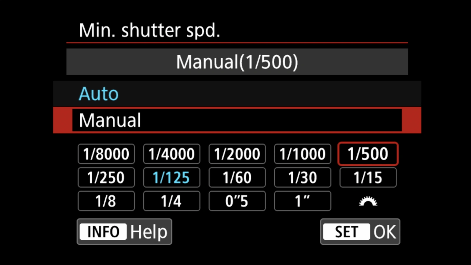 Camera menu displaying minimum shutter speed options for capturing action shots for sporting goods with manual setting at 1/500.
