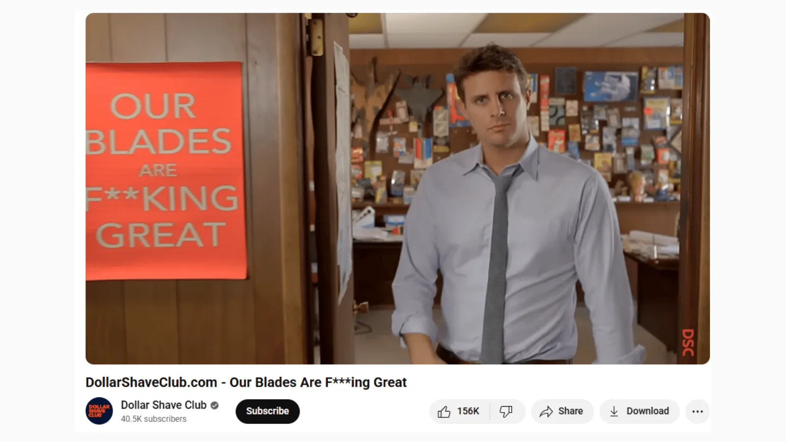 Ecommerce product videos showcase a man standing in a store with a bold sign praising blade quality. 