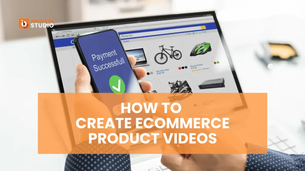 Hands holding a smartphone with a successful payment confirmation over a laptop displaying an online shop with various products like mountain bikes for ecommerce product videos.